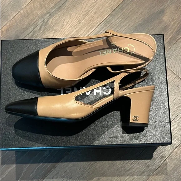 38.5 CHANEL Black and Tan Cap Toe Heels - Picture 4 of 5